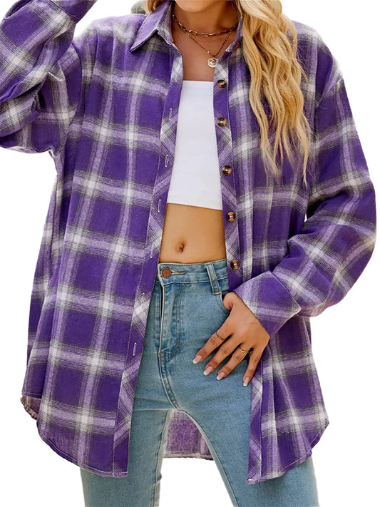 Plaid Flannel Shirts for Women Oversized Long Sleeve Button down Shirts Blouses Tops